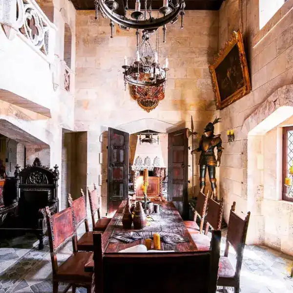 an old dining hall lit by sunlight