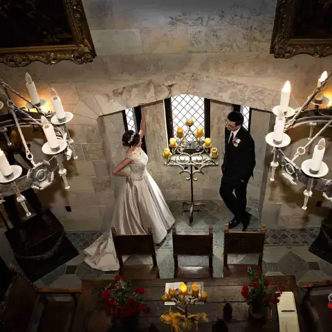 a band performing on a counter next to a fireplace